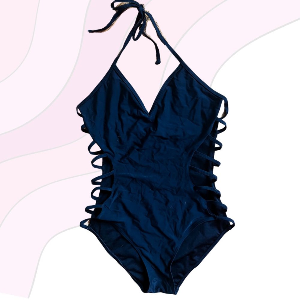 Womens One Piece Size L Plunge Neck Strappy Swimsuit